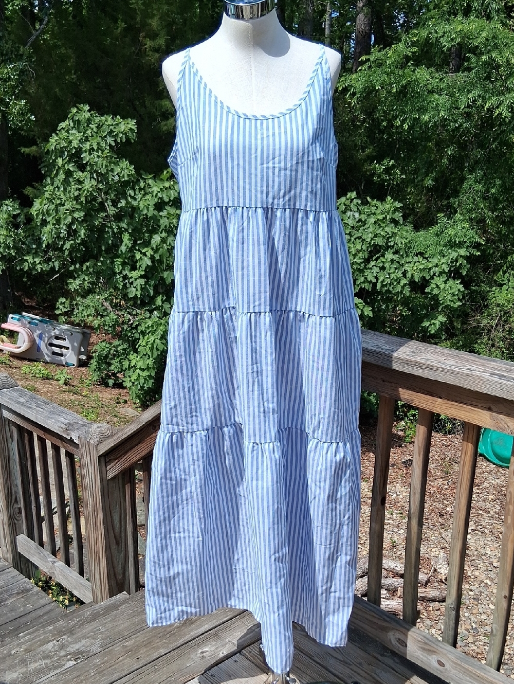 Blue & White Striped Tiered Maxi Dress, Adjustable Spaghetti Straps, Darts, XL